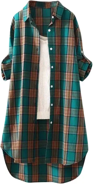 Womens Cotton Long Sleeve Plaid Jacket Fall Oversized Lightweight Coat Casual Loose High Low Button Down Tunic Shirts