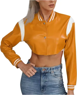 Women's Cropped Faux Leather Jackets Short Bomber Motorcycle Coats Colorblock Crop Moto Biker Jacket Trendy Clothes