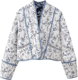 Women's Cropped Puffer Jacket Lightweight Floral Print Long Sleeve Padded Quilted Jackets Puffy Car