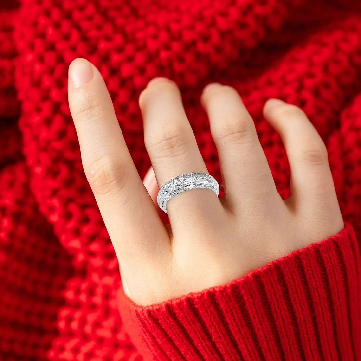 Women's Dainty Engraved Plumeria Flower Ring Gold Plated Hand Carved Flower Band Birthday Valentine's Day Gift