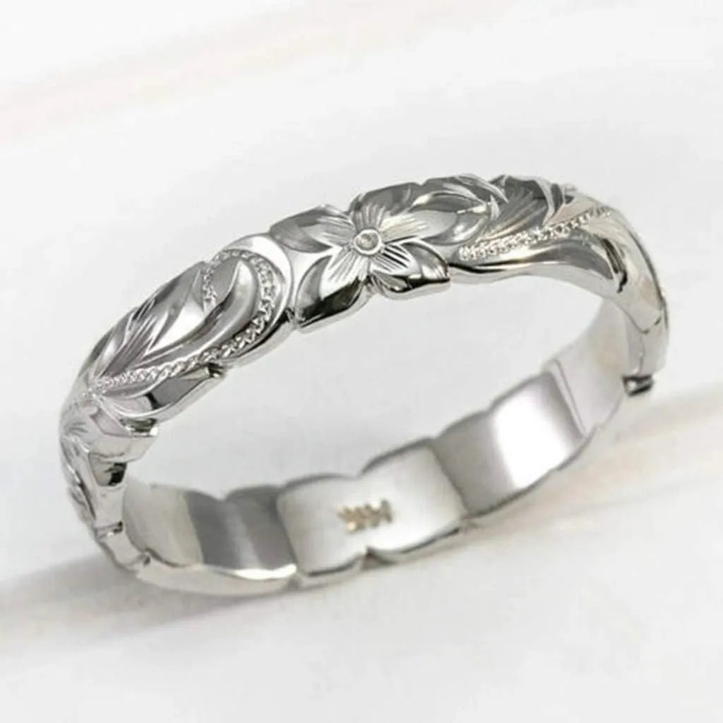 Women's Dainty Engraved Plumeria Flower Ring Gold Plated Hand Carved Flower Band Birthday Valentine's Day Gift