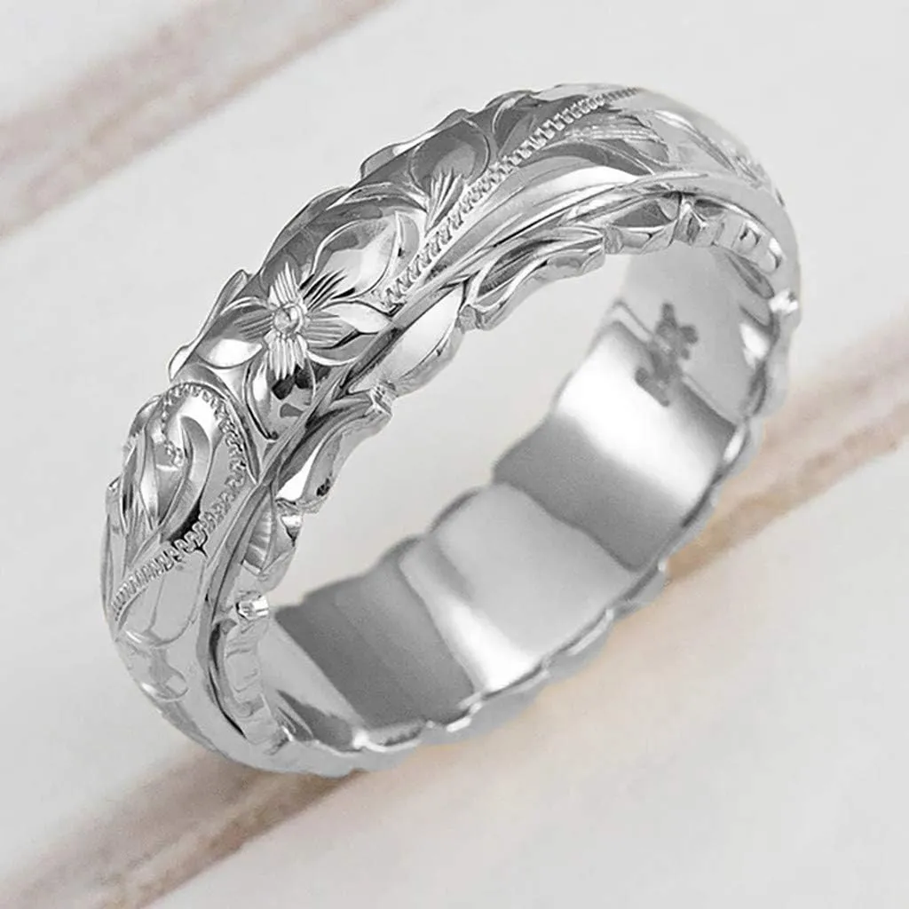 Women's Dainty Engraved Plumeria Flower Ring Gold Plated Hand Carved Flower Band Birthday Valentine's Day Gift