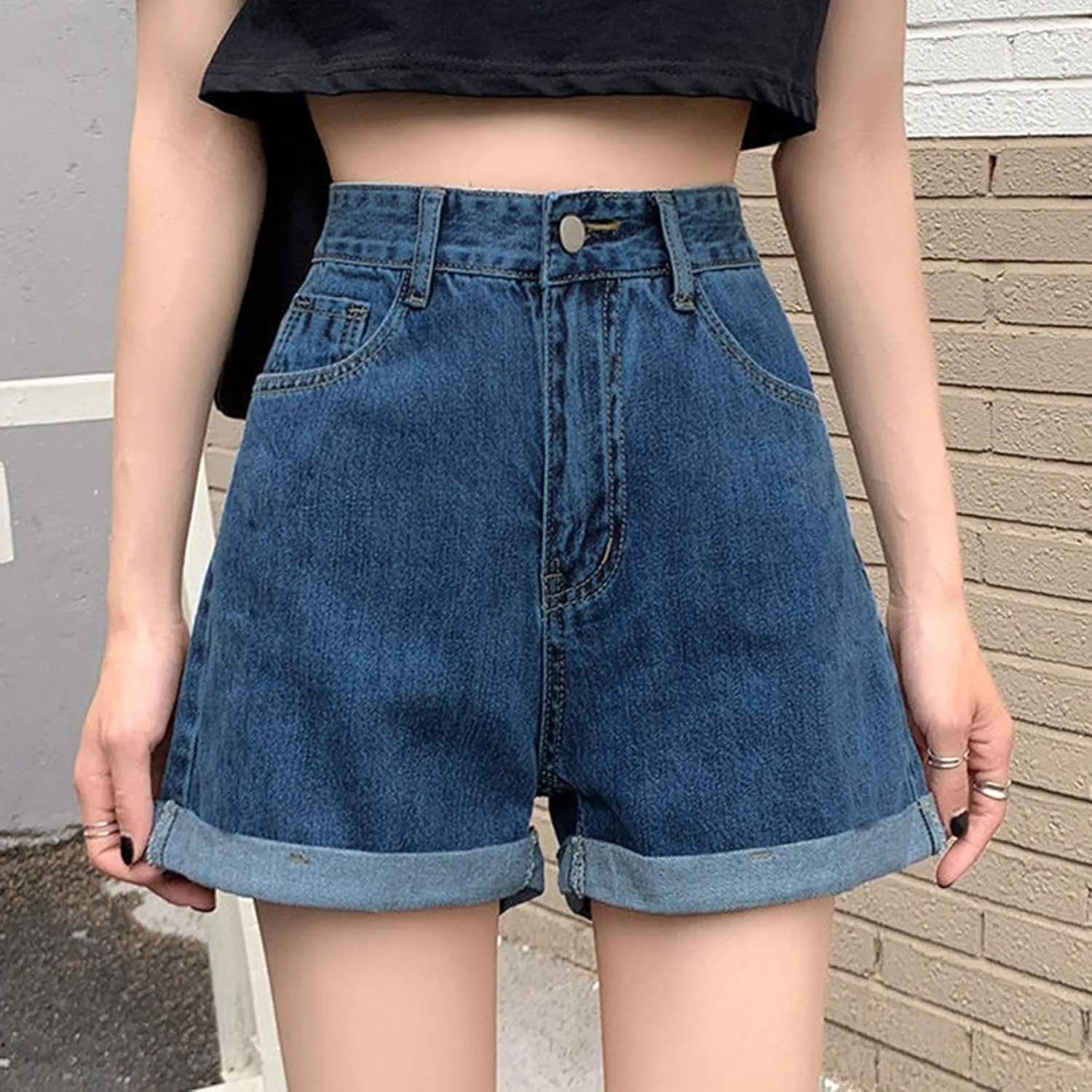 Womens Denim Jean Shorts High Waisted Trendy Summer Wide Leg Stretchy Baggy Folded Hem Y2k Girls Hot Shorts Pants