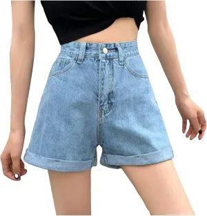 Womens Denim Jean Shorts High Waisted Trendy Summer Wide Leg Stretchy Baggy Folded Hem Y2k Girls Hot Shorts Pants