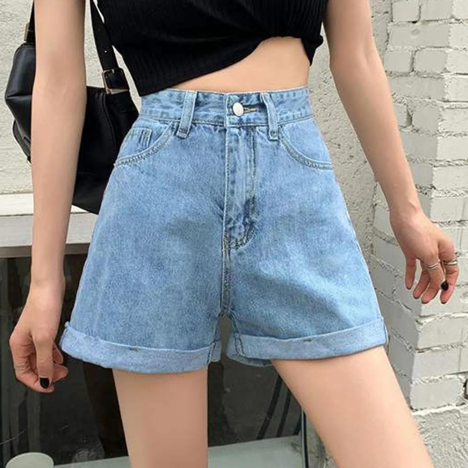 Womens Denim Jean Shorts High Waisted Trendy Summer Wide Leg Stretchy Baggy Folded Hem Y2k Girls Hot Shorts Pants