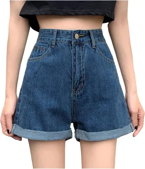 Womens Denim Jean Shorts High Waisted Trendy Summer Wide Leg Stretchy Baggy Folded Hem Y2k Girls Hot Shorts Pants