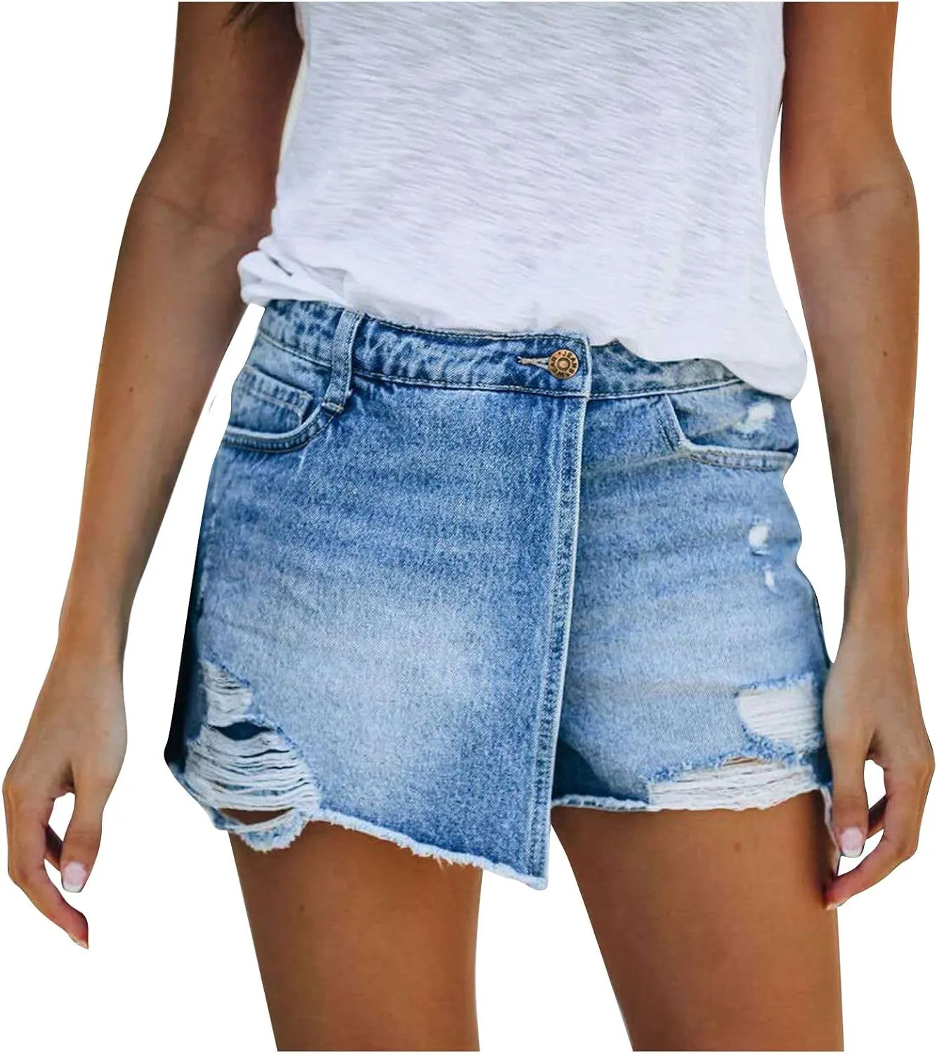 Women's Denim Shorts High Waisted Ripped Stretchy Denim Hot Short Distressed Frayed Hem Jeans Shorts with Pockets