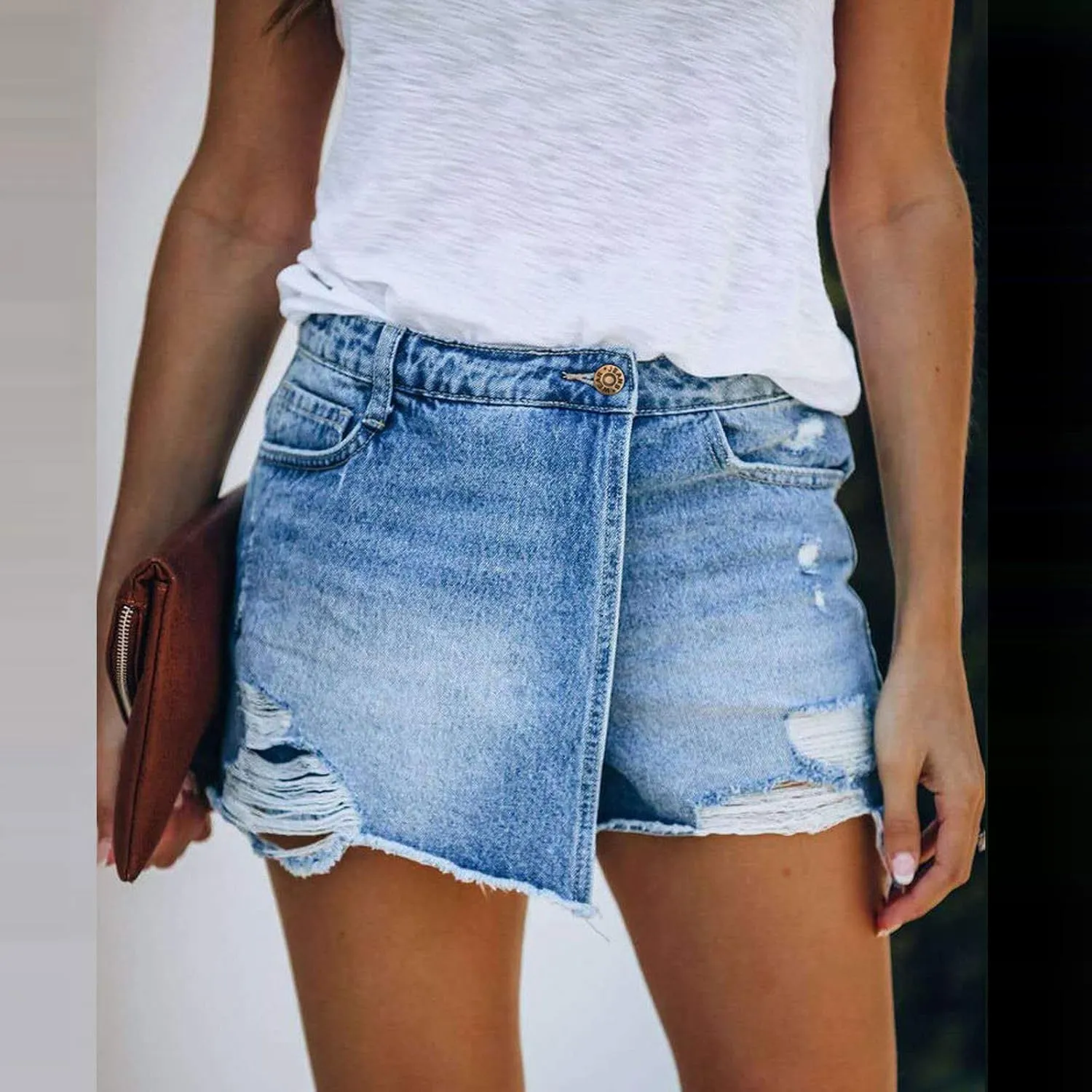 Women's Denim Shorts High Waisted Ripped Stretchy Denim Hot Short Distressed Frayed Hem Jeans Shorts with Pockets