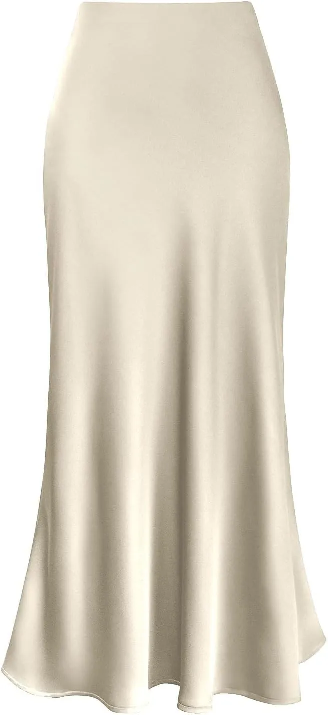 Women's Elegant Long Satin Skirt Silk Dressy High Waist Cocktail Party Wedding Flared A-Line Maxi Skirts