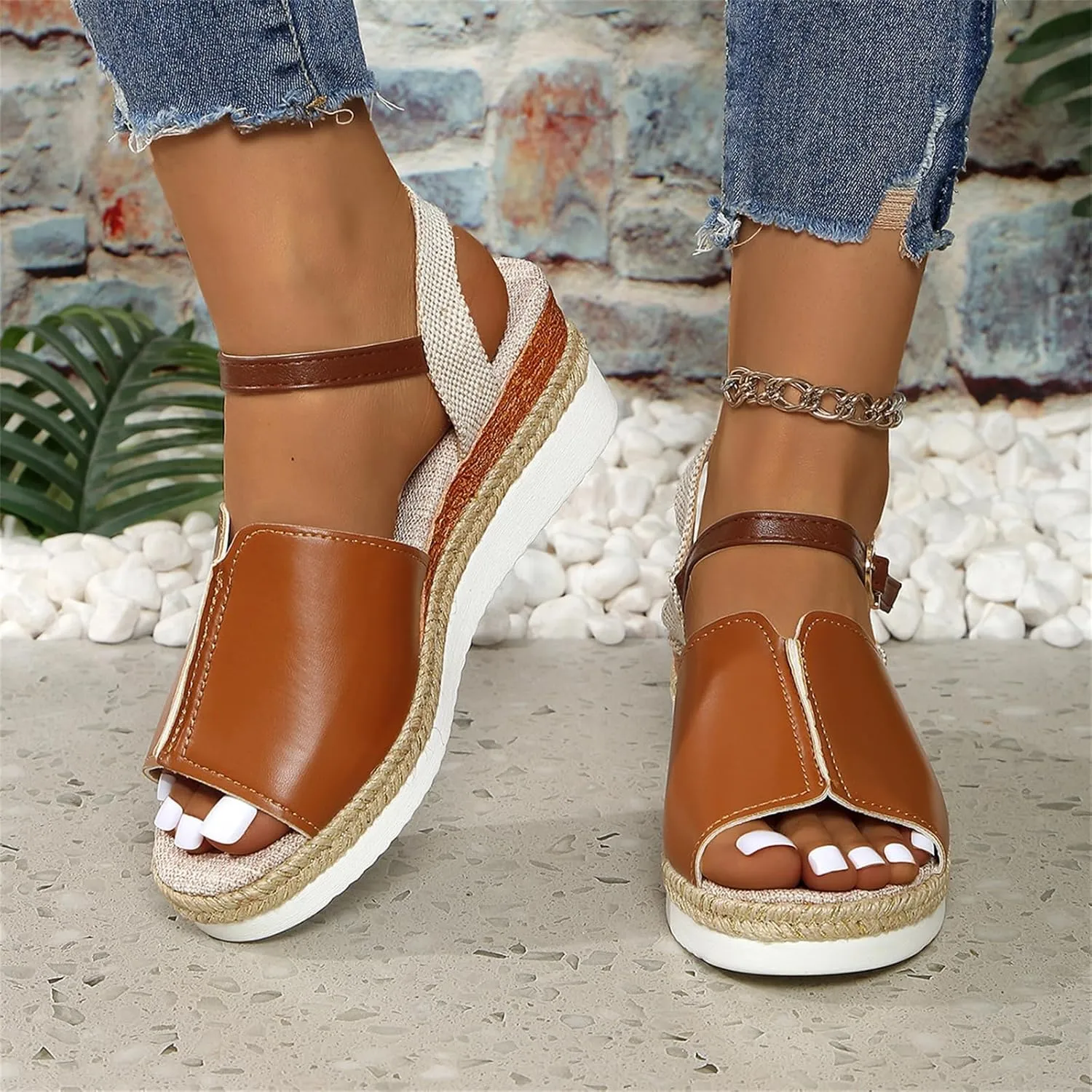 Women's Espadrille Wedge Sandals Closed Toe Orthopedic Ankle Strap With Straps Fishmouth Platform Arch Support Wedges Sandal Casual Non-Slip Comfortable Dress Office Work Shoes