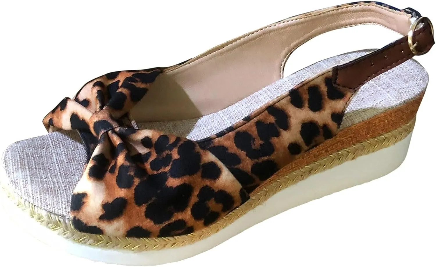 Womens Espadrille Wedge Sandals Open Toe Platform Leopard Printed Ankle Strap Slingback Summer Dress Shoes Close Toe