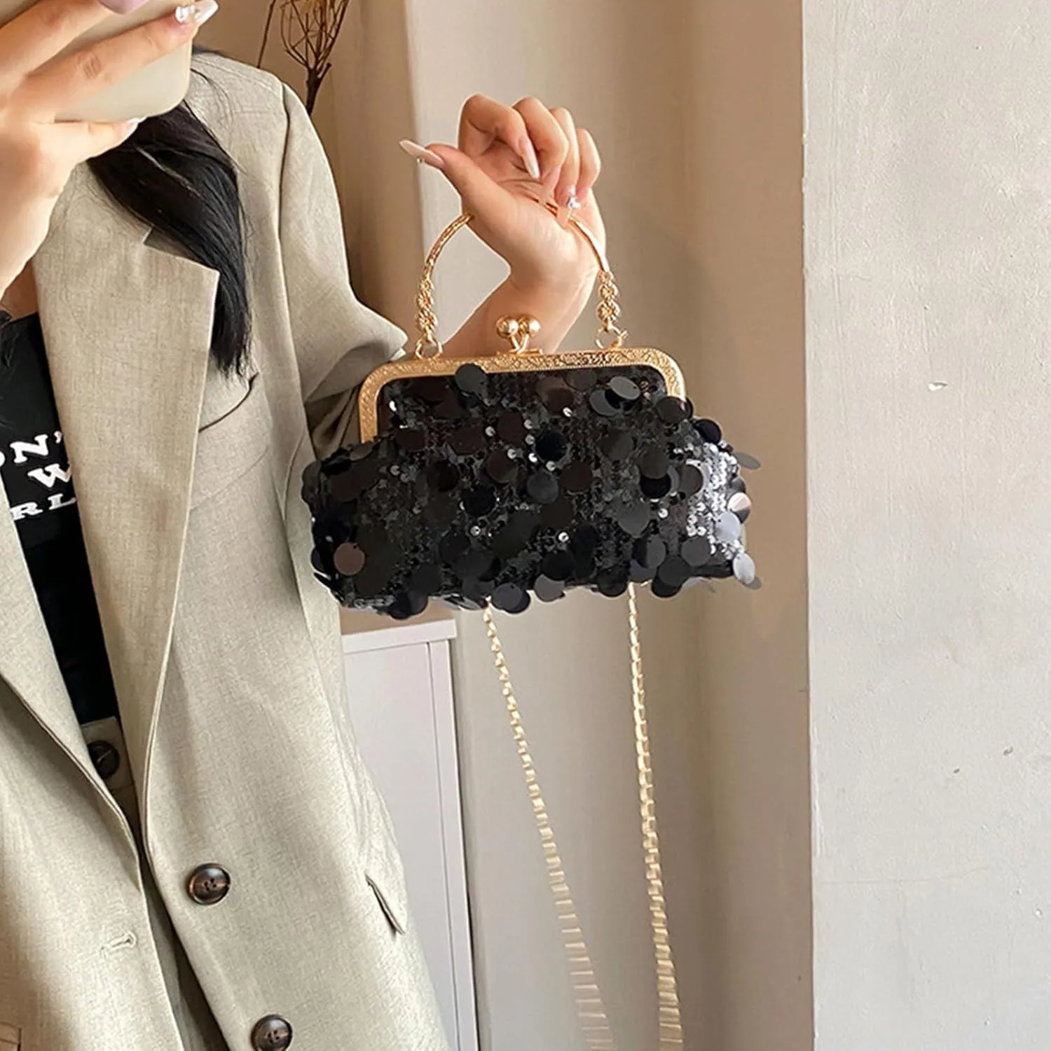 Women's Evening Handbag, Sparkly Sequin Evening Crossbody Bag, Top Handle Glitter Evening Bag, Bling Shoulder Clutch