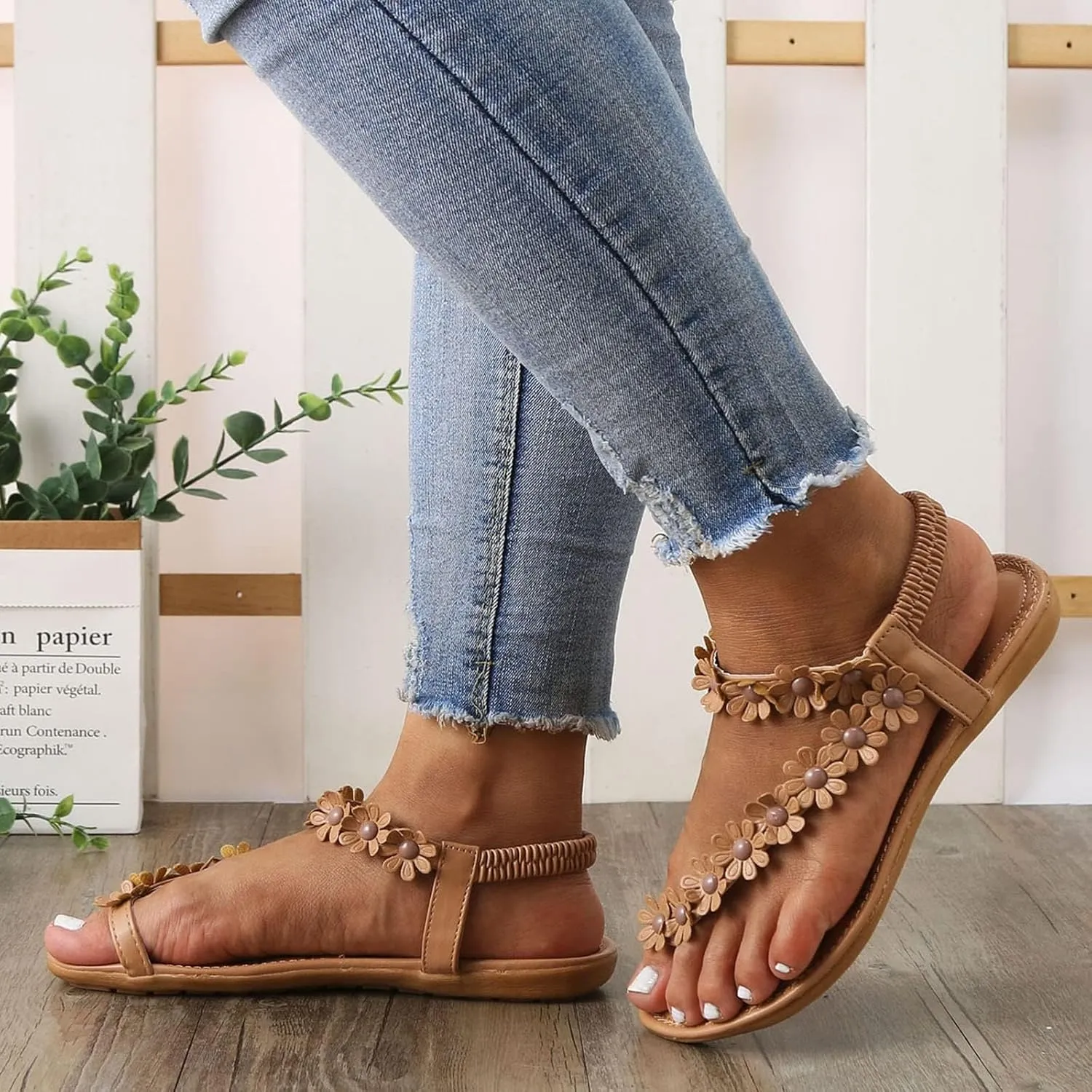 Womens Flat Thong Sandals Casual Comfortable Bohemia Elastic Ring Ankle Strap Dress Lightweight Slip on Flower Sandals