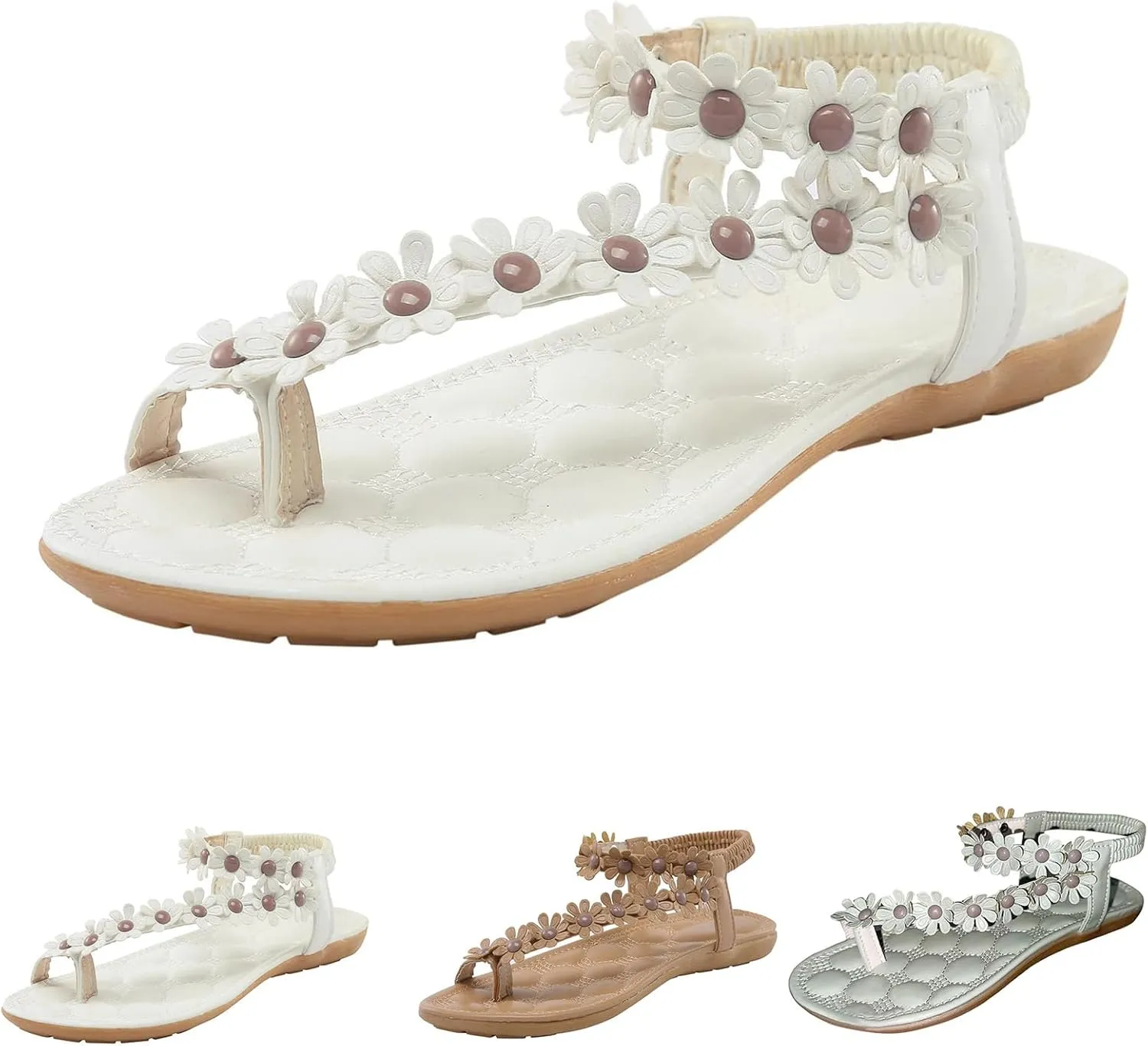 Womens Flat Thong Sandals Casual Comfortable Bohemia Elastic Ring Ankle Strap Dress Lightweight Slip on Flower Sandals
