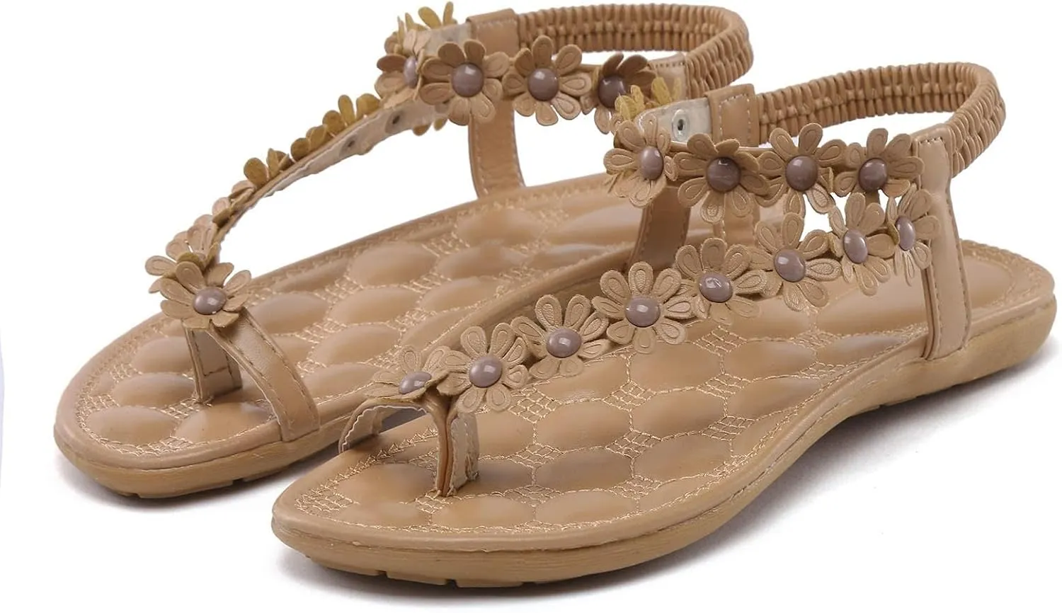Womens Flat Thong Sandals Casual Comfortable Bohemia Elastic Ring Ankle Strap Dress Lightweight Slip on Flower Sandals