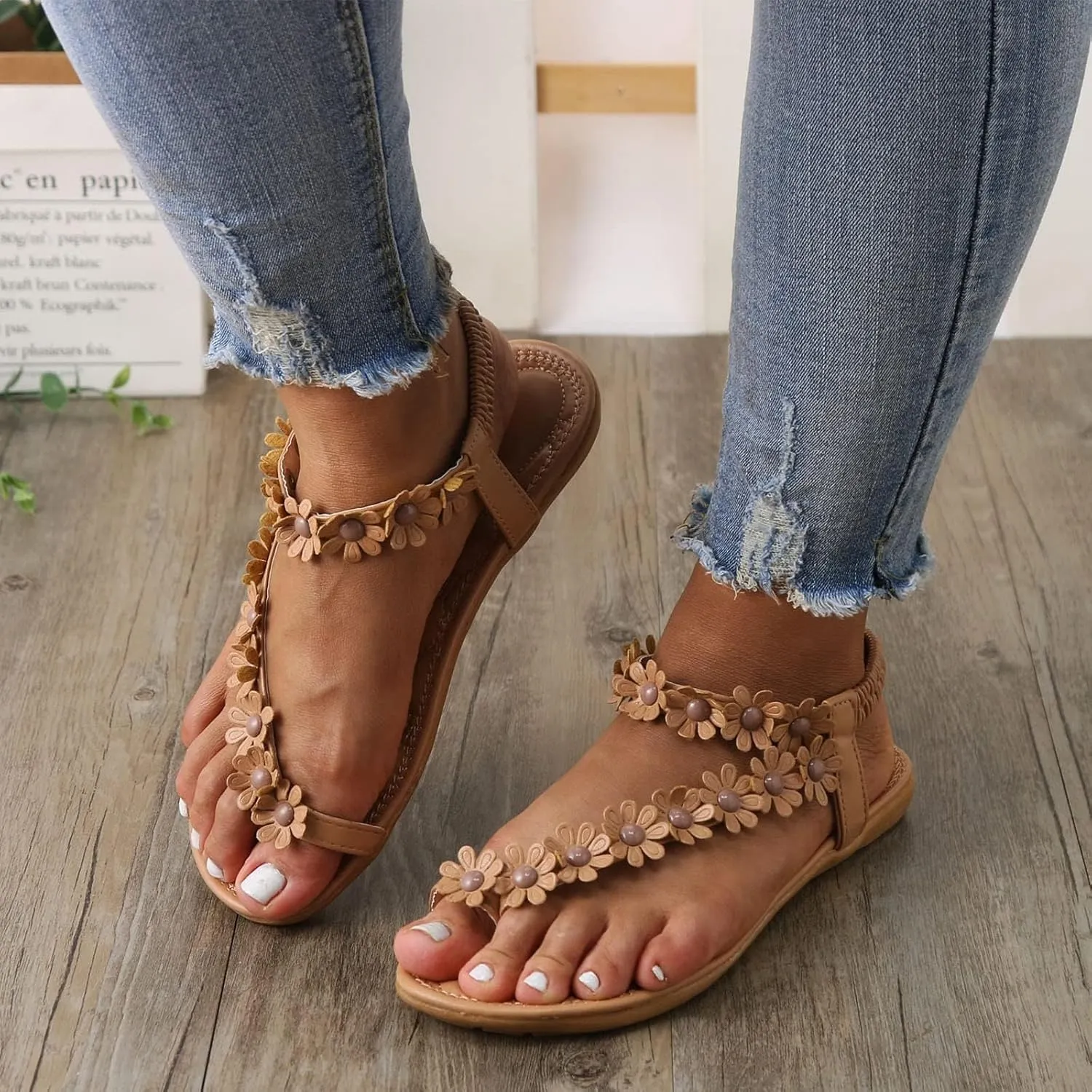 Womens Flat Thong Sandals Casual Comfortable Bohemia Elastic Ring Ankle Strap Dress Lightweight Slip on Flower Sandals
