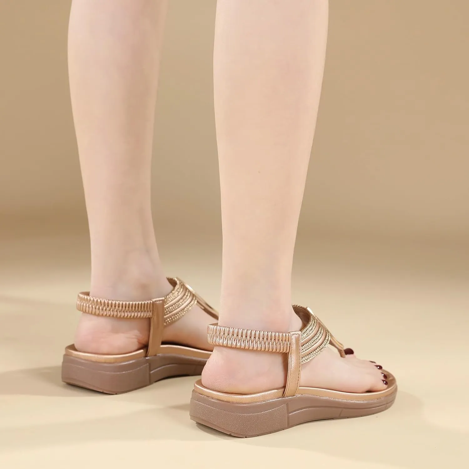 Womens Flip Flops Dressy Boho Flat Sandals Summer Flower Sandals Elastic Ankle Strap Sandals Casual Walking Shoes