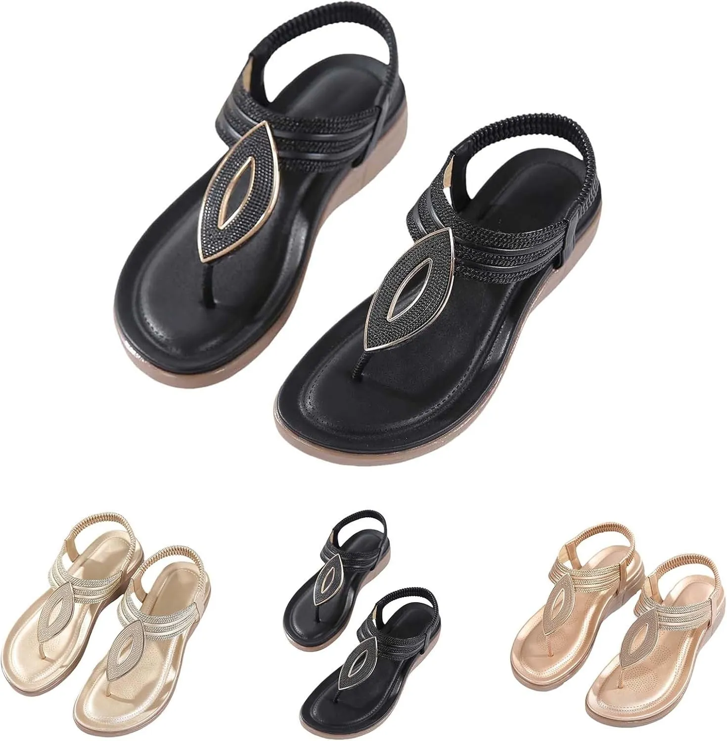 Womens Flip Flops Dressy Boho Flat Sandals Summer Flower Sandals Elastic Ankle Strap Sandals Casual Walking Shoes
