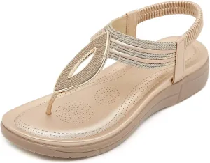 Womens Flip Flops Dressy Boho Flat Sandals Summer Flower Sandals Elastic Ankle Strap Sandals Casual Walking Shoes