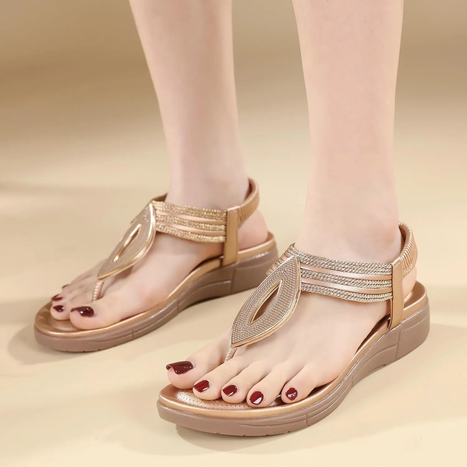 Womens Flip Flops Dressy Boho Flat Sandals Summer Flower Sandals Elastic Ankle Strap Sandals Casual Walking Shoes