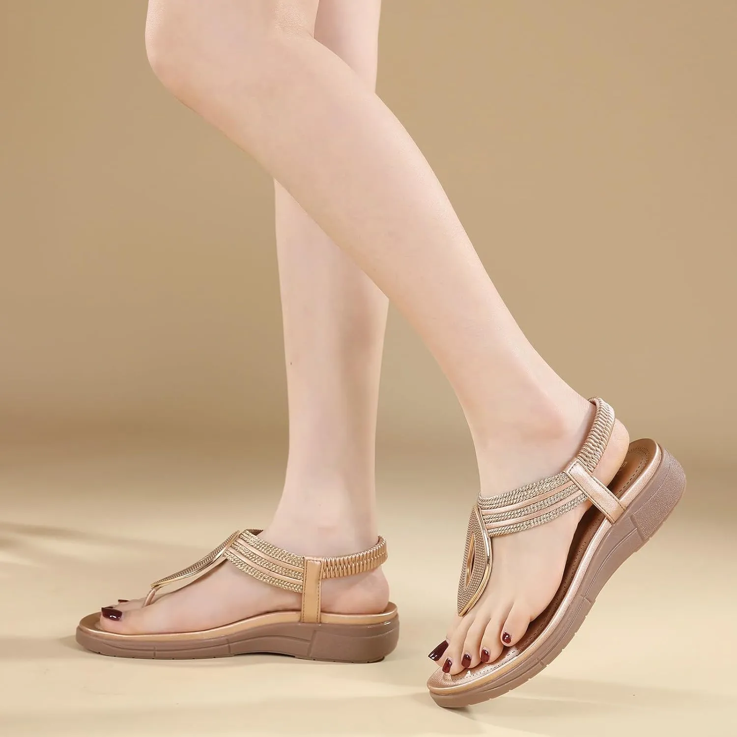 Womens Flip Flops Dressy Boho Flat Sandals Summer Flower Sandals Elastic Ankle Strap Sandals Casual Walking Shoes