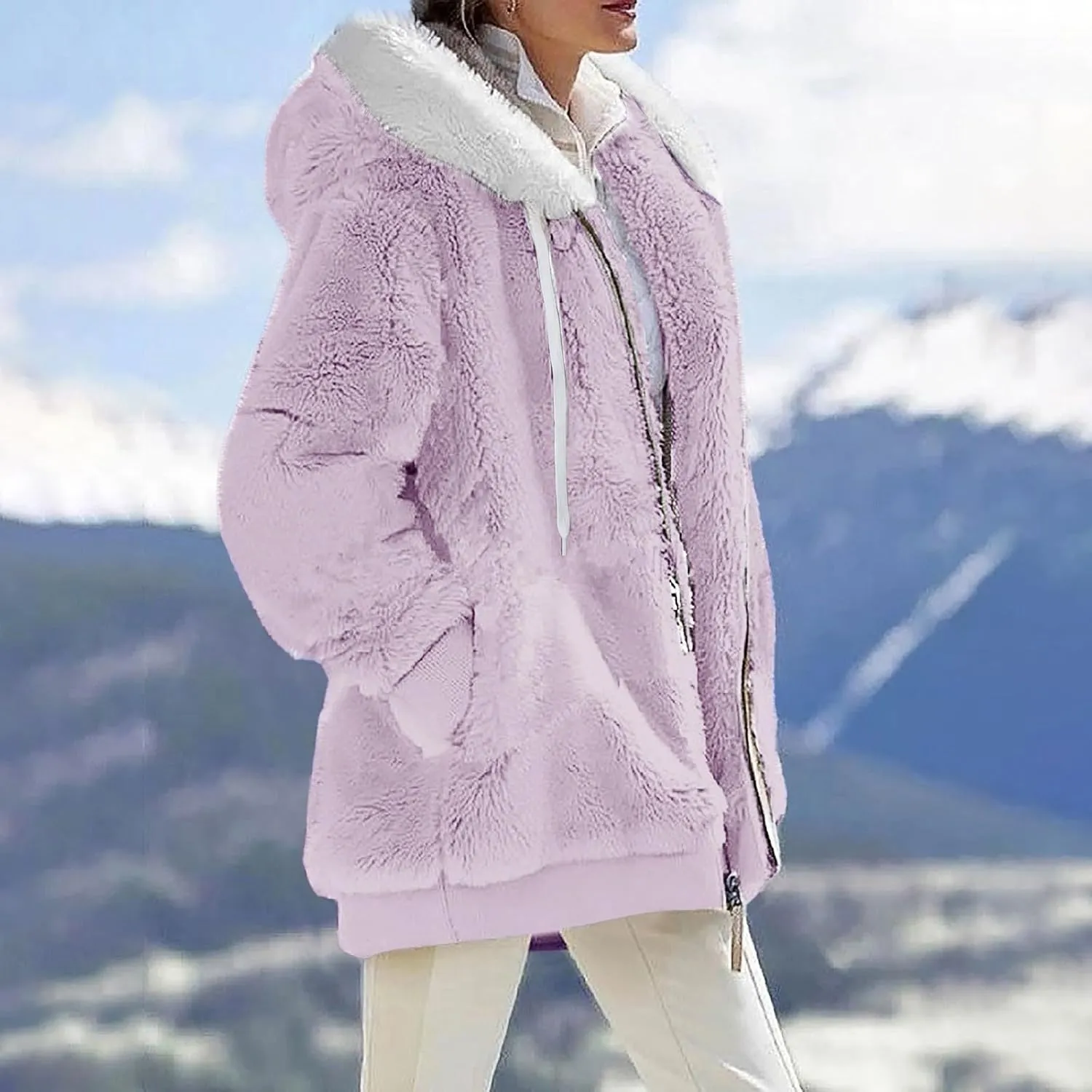 Womens Fuzzy Fleece Basic Hooded Jackets Fall Winter Zip up Warm Outerwear Coats Loose Sherpa Jacket with Pockets