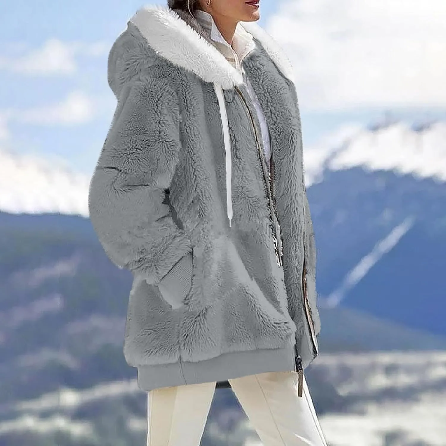Womens Fuzzy Fleece Basic Hooded Jackets Fall Winter Zip up Warm Outerwear Coats Loose Sherpa Jacket with Pockets