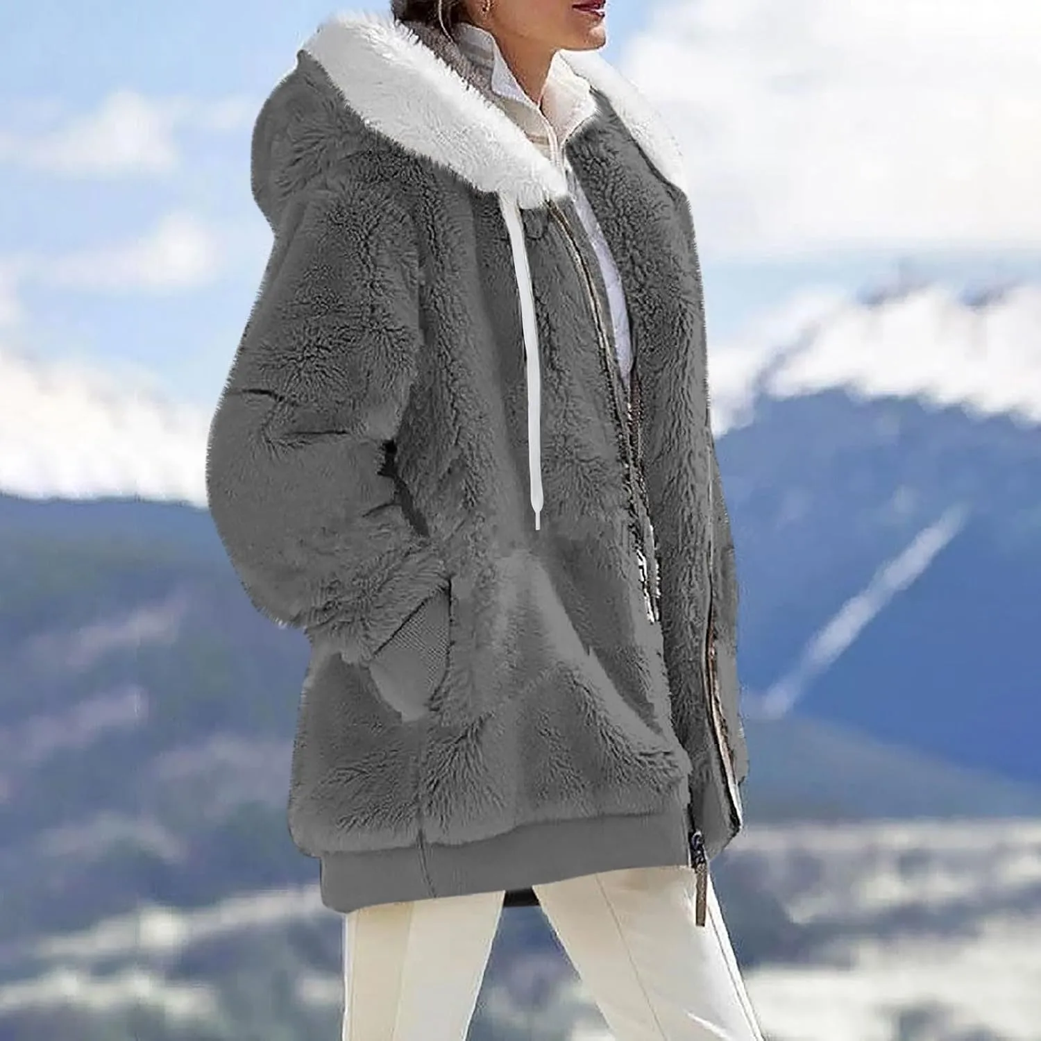 Womens Fuzzy Fleece Basic Hooded Jackets Fall Winter Zip up Warm Outerwear Coats Loose Sherpa Jacket with Pockets