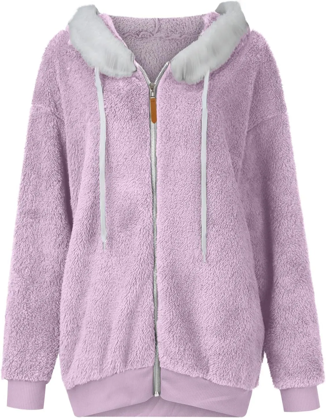 Womens Fuzzy Fleece Basic Hooded Jackets Fall Winter Zip up Warm Outerwear Coats Loose Sherpa Jacket with Pockets
