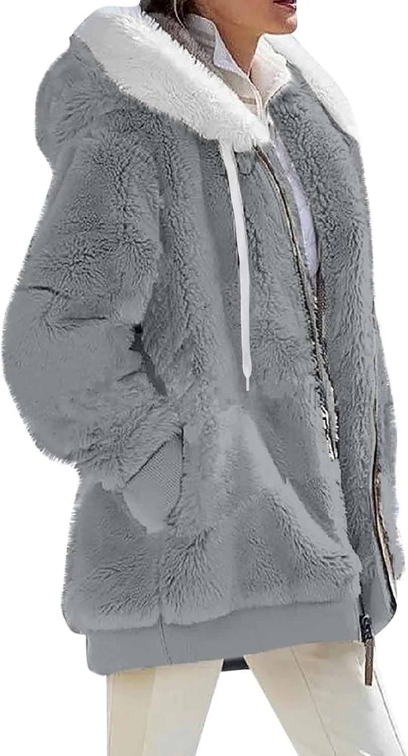 Womens Fuzzy Fleece Basic Hooded Jackets Fall Winter Zip up Warm Outerwear Coats Loose Sherpa Jacket with Pockets