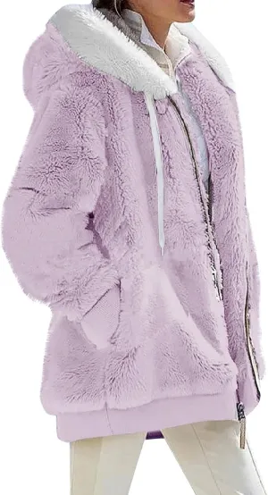 Womens Fuzzy Fleece Basic Hooded Jackets Fall Winter Zip up Warm Outerwear Coats Loose Sherpa Jacket with Pockets