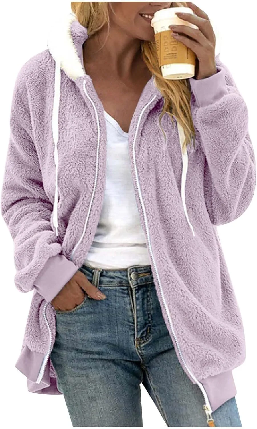 Womens Fuzzy Fleece Basic Hooded Jackets Fall Winter Zip up Warm Outerwear Coats Loose Sherpa Jacket with Pockets