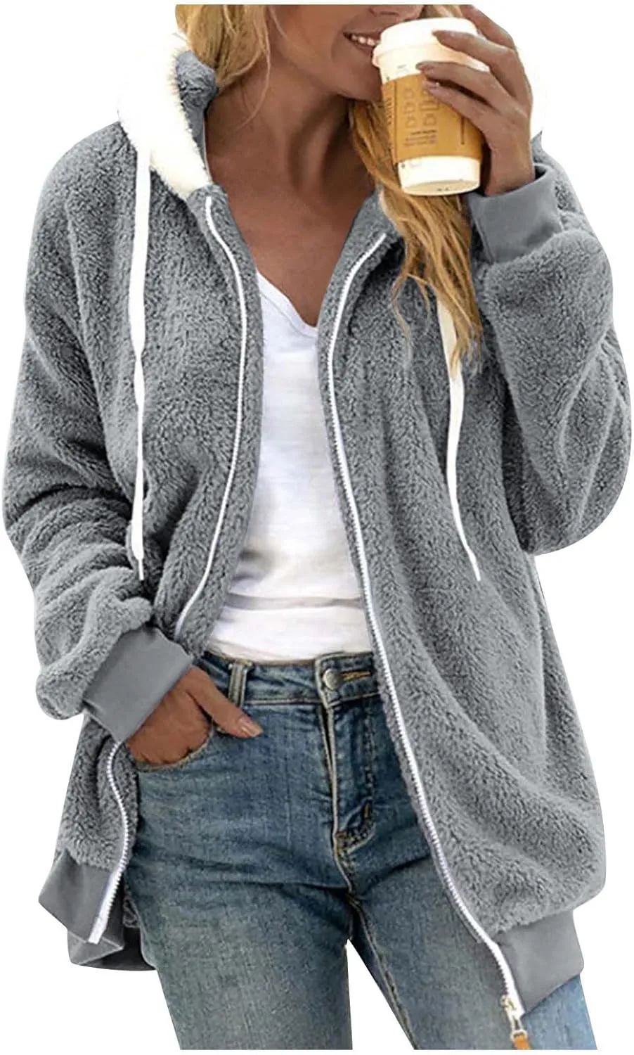 Womens Fuzzy Fleece Basic Hooded Jackets Fall Winter Zip up Warm Outerwear Coats Loose Sherpa Jacket with Pockets