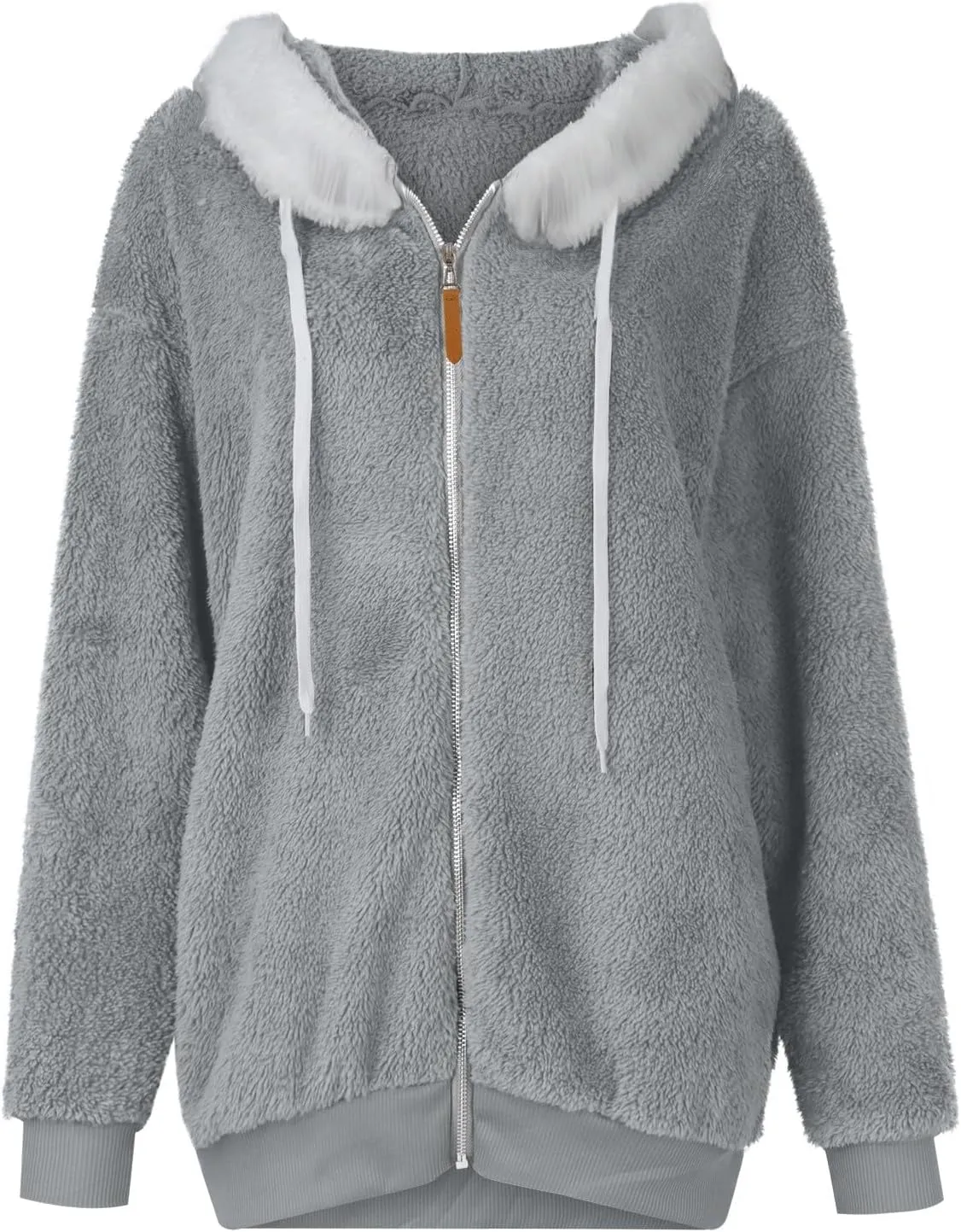 Womens Fuzzy Fleece Basic Hooded Jackets Fall Winter Zip up Warm Outerwear Coats Loose Sherpa Jacket with Pockets