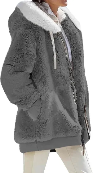 Womens Fuzzy Fleece Basic Hooded Jackets Fall Winter Zip up Warm Outerwear Coats Loose Sherpa Jacket with Pockets