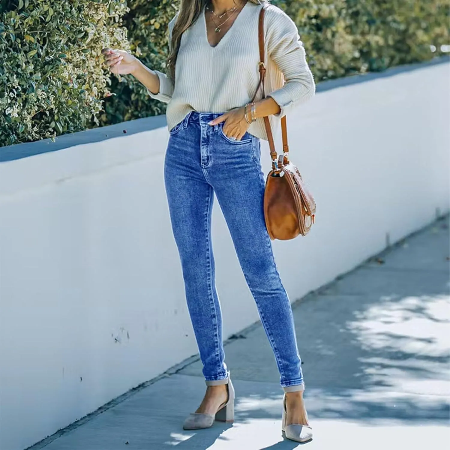 Women's High Waisted Denim Jeans Pants Casual Stretchy Tummy Control Skinny Jean Streetwear Leggings with Pockets