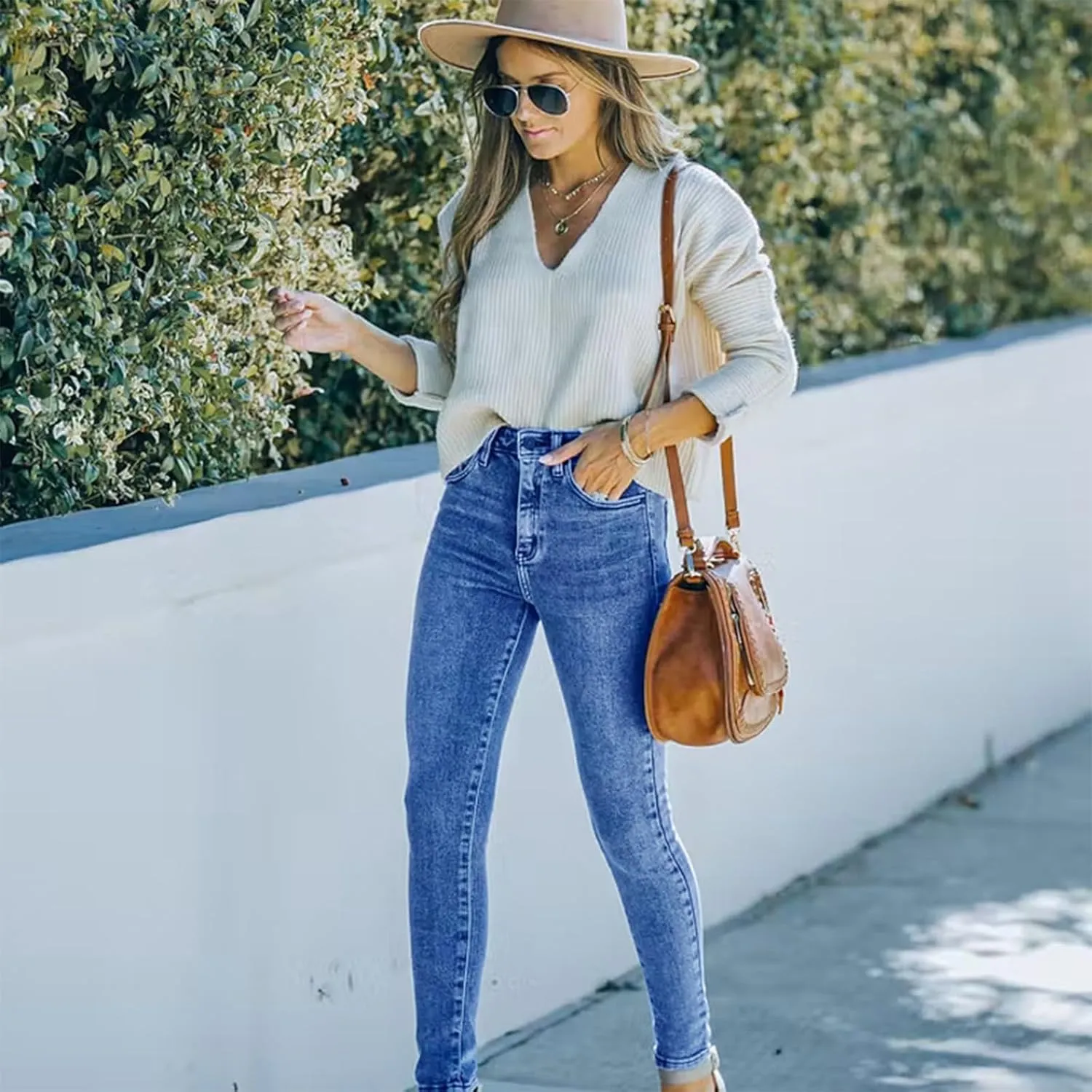 Women's High Waisted Denim Jeans Pants Casual Stretchy Tummy Control Skinny Jean Streetwear Leggings with Pockets