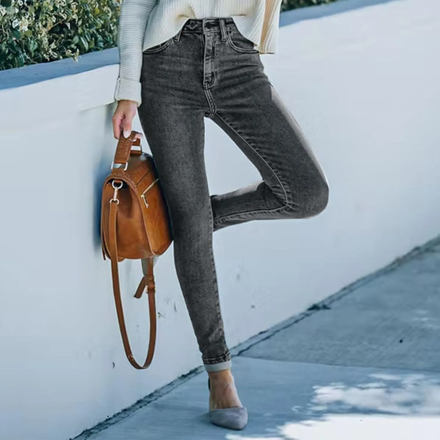 Women's High Waisted Denim Jeans Pants Casual Stretchy Tummy Control Skinny Jean Streetwear Leggings with Pockets