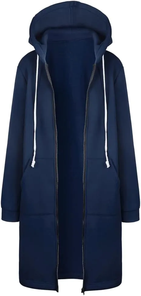 Womens Hoodies Zip Up Long Jackets Fleece Tunic Sweatshirt Oversized Outwear Thick Warm Coat with Pockets