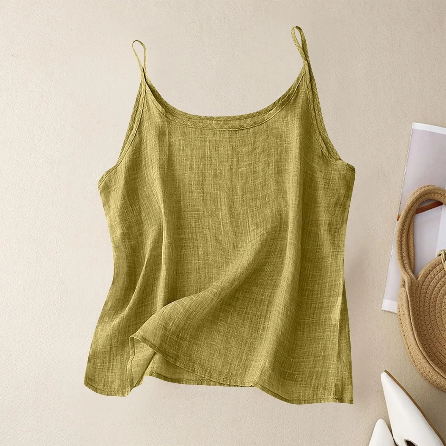 Womens Linen Tank Top Sleeveless Spaghetti Strap Top Casual Solid Color Tops Dressy Fashion Tops Summer Flowy Tank Top