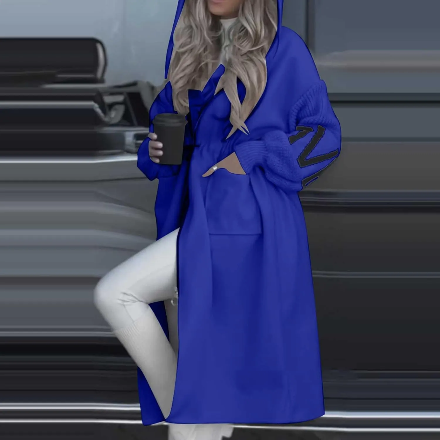 Womens Long Hoodie Coat Knee Length Oversized Zip Up Sweatshirt Jackets Winter Waist Drawstring Fleece Hooded Coat