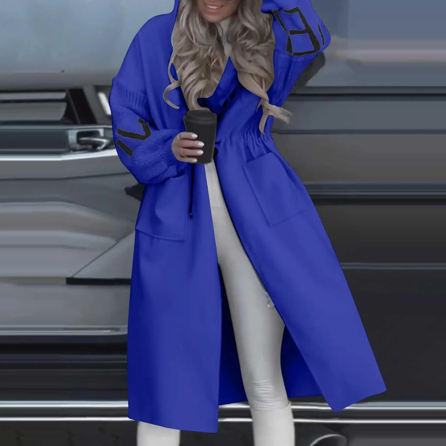 Womens Long Hoodie Coat Knee Length Oversized Zip Up Sweatshirt Jackets Winter Waist Drawstring Fleece Hooded Coat