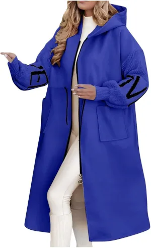 Womens Long Hoodie Coat Knee Length Oversized Zip Up Sweatshirt Jackets Winter Waist Drawstring Fleece Hooded Coat