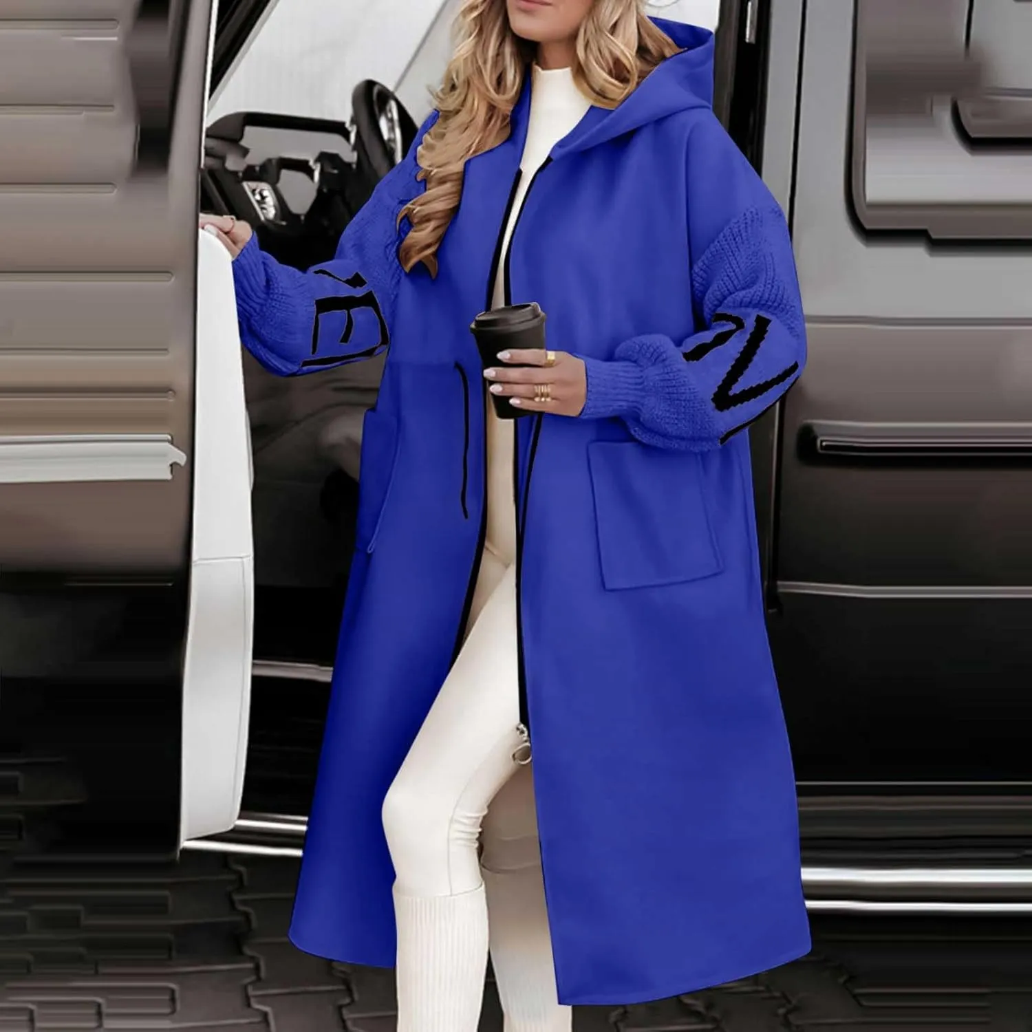 Womens Long Hoodie Coat Knee Length Oversized Zip Up Sweatshirt Jackets Winter Waist Drawstring Fleece Hooded Coat