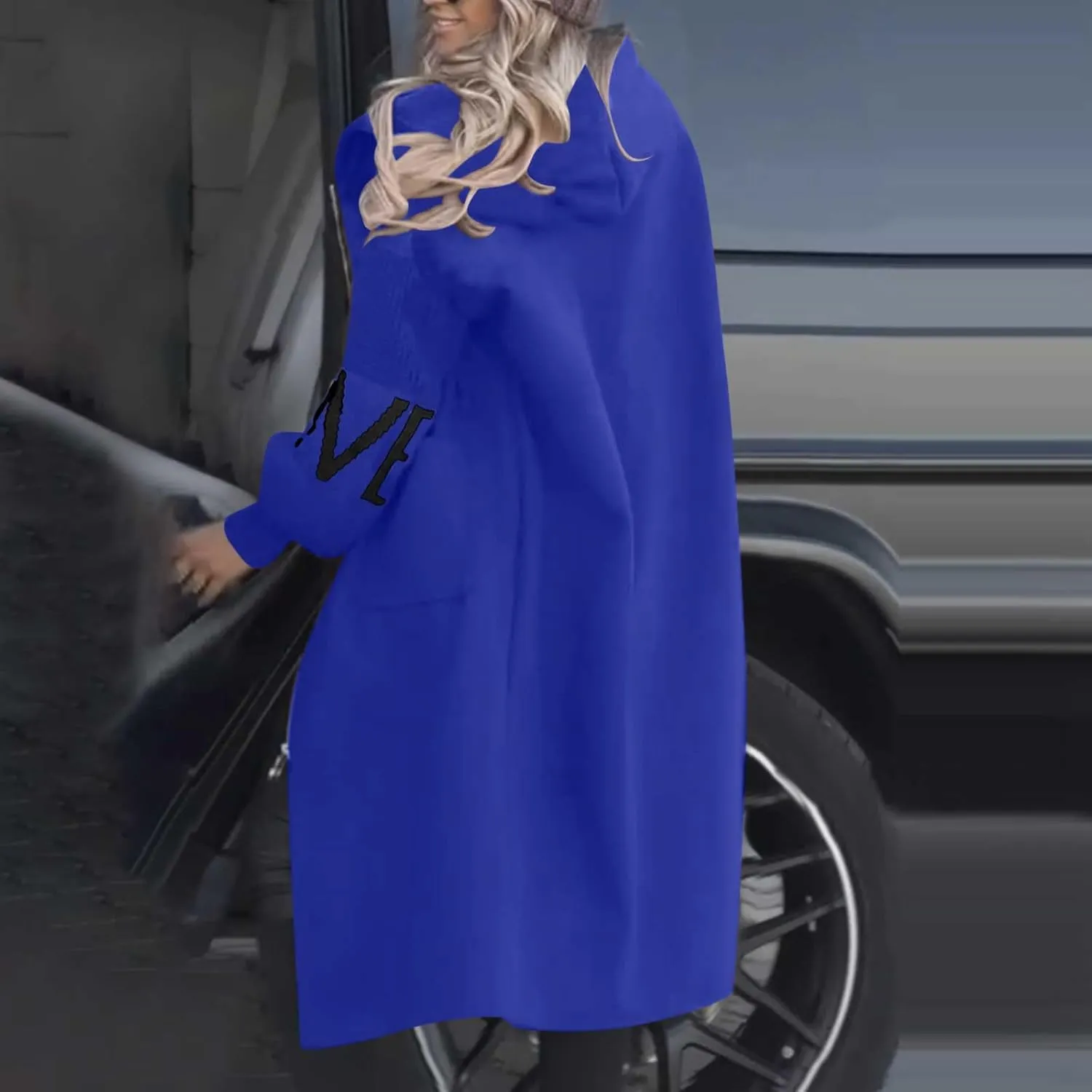 Womens Long Hoodie Coat Knee Length Oversized Zip Up Sweatshirt Jackets Winter Waist Drawstring Fleece Hooded Coat