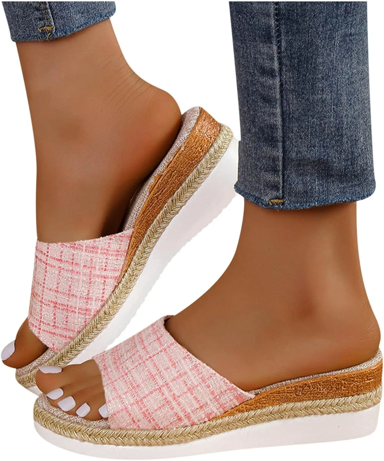 Womens Low Wedge Sandals Splicing Arch Support Knit Woven Boho Solid Color Cozy Casual Comfort Shoes for Vacation