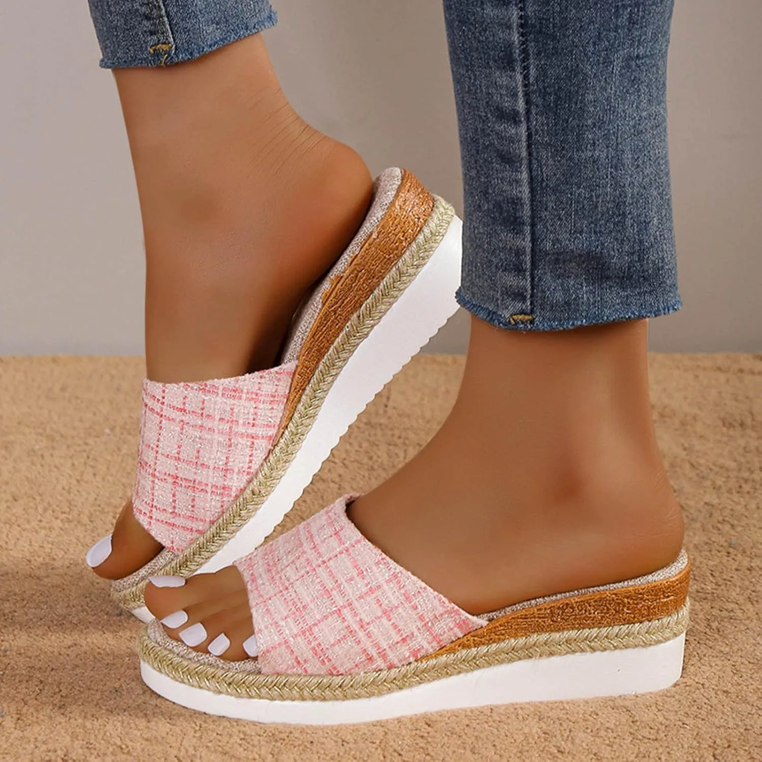 Womens Low Wedge Sandals Splicing Arch Support Knit Woven Boho Solid Color Cozy Casual Comfort Shoes for Vacation