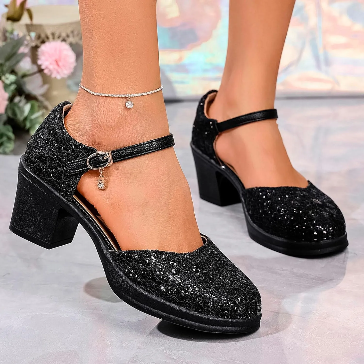 Womens Mary Jane Heels Lace Sequins Chunky Pumps Comfortable Block Heel Dress Shoes for Work Office Wedding Dancing