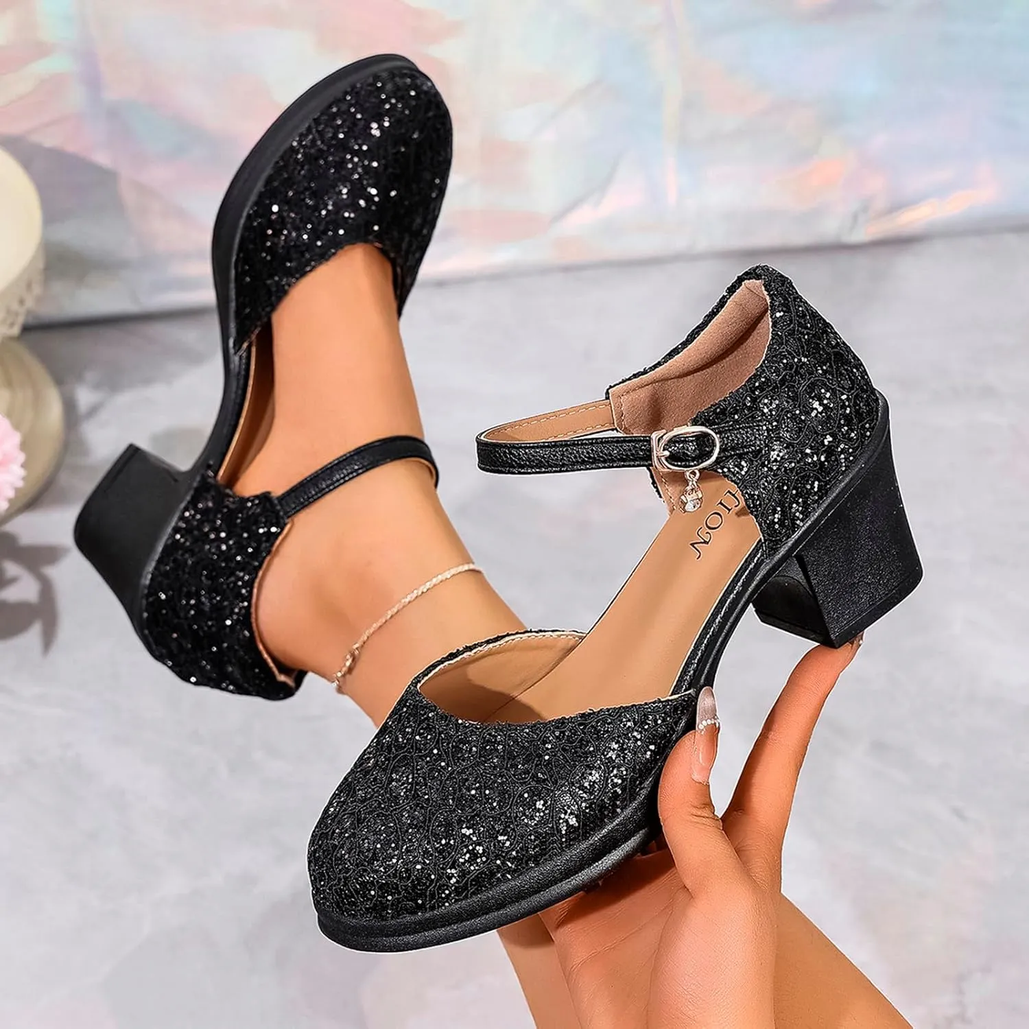 Womens Mary Jane Heels Lace Sequins Chunky Pumps Comfortable Block Heel Dress Shoes for Work Office Wedding Dancing