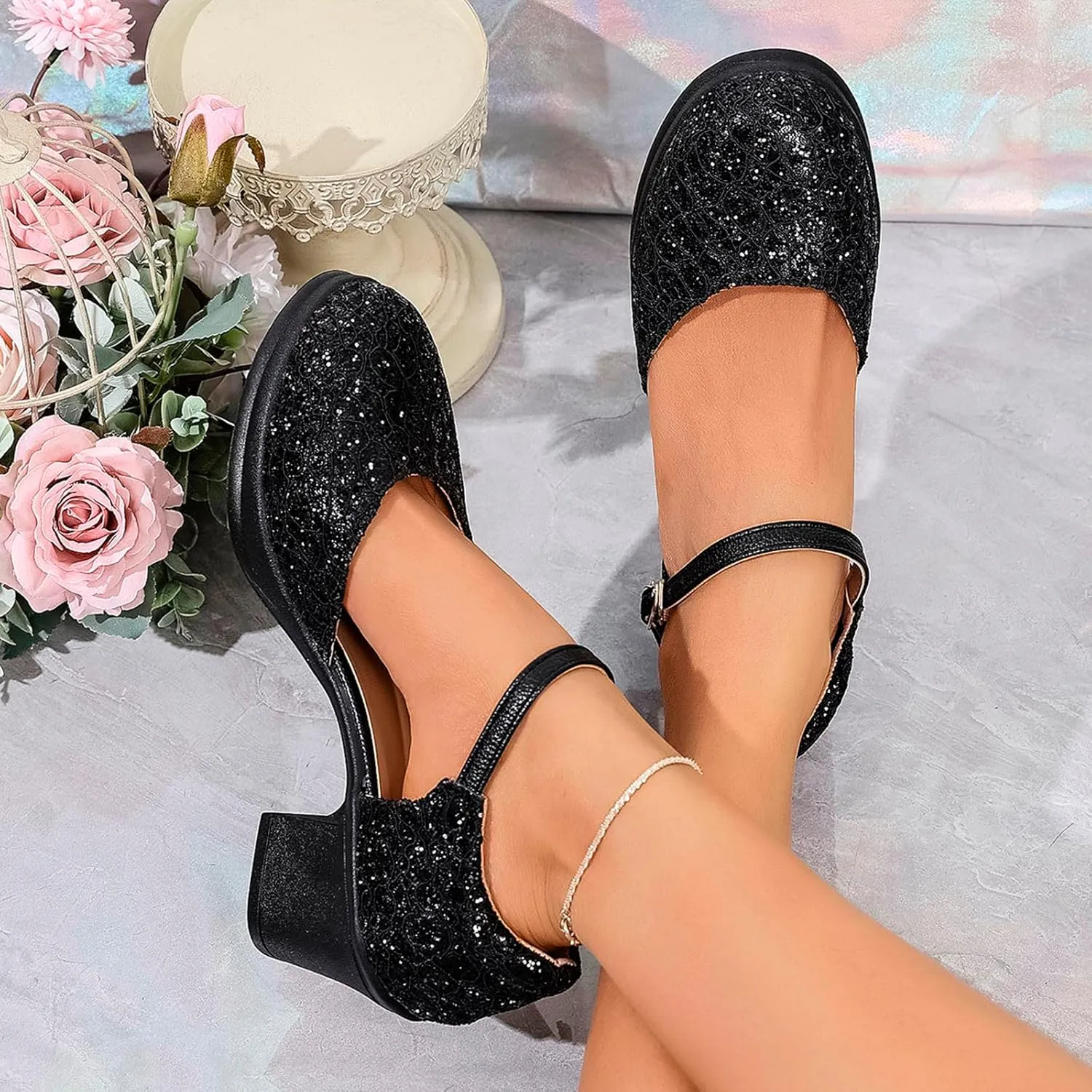 Womens Mary Jane Heels Lace Sequins Chunky Pumps Comfortable Block Heel Dress Shoes for Work Office Wedding Dancing